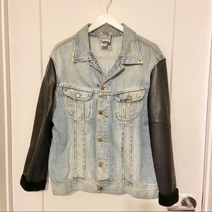 Denim jacket with vegan leather sleeves